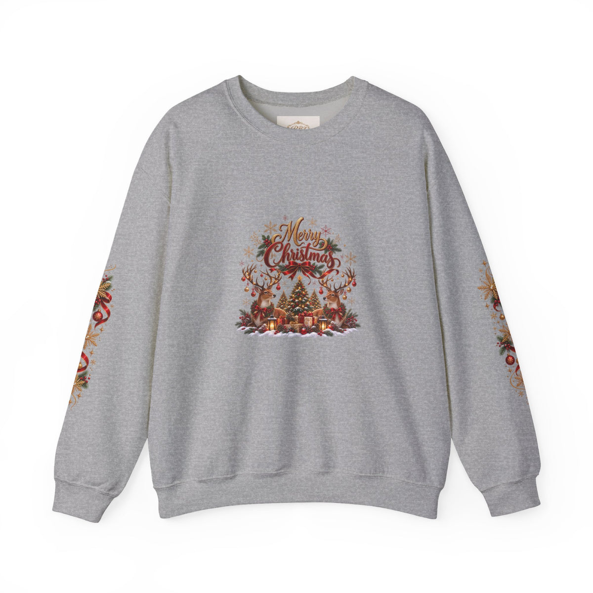 Merry Christmas Reindeer & Christmas Tree Sweatshirt – Festive Holiday Crewneck with Decorative Sleeves