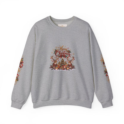 Merry Christmas Reindeer & Christmas Tree Sweatshirt – Festive Holiday Crewneck with Decorative Sleeves