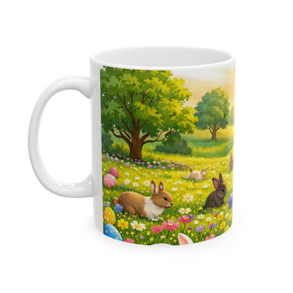 Easter Bunny Meadow Ceramic Mug — Spring Sunrise Rabbits & Colorful Eggs (11oz/15oz)
