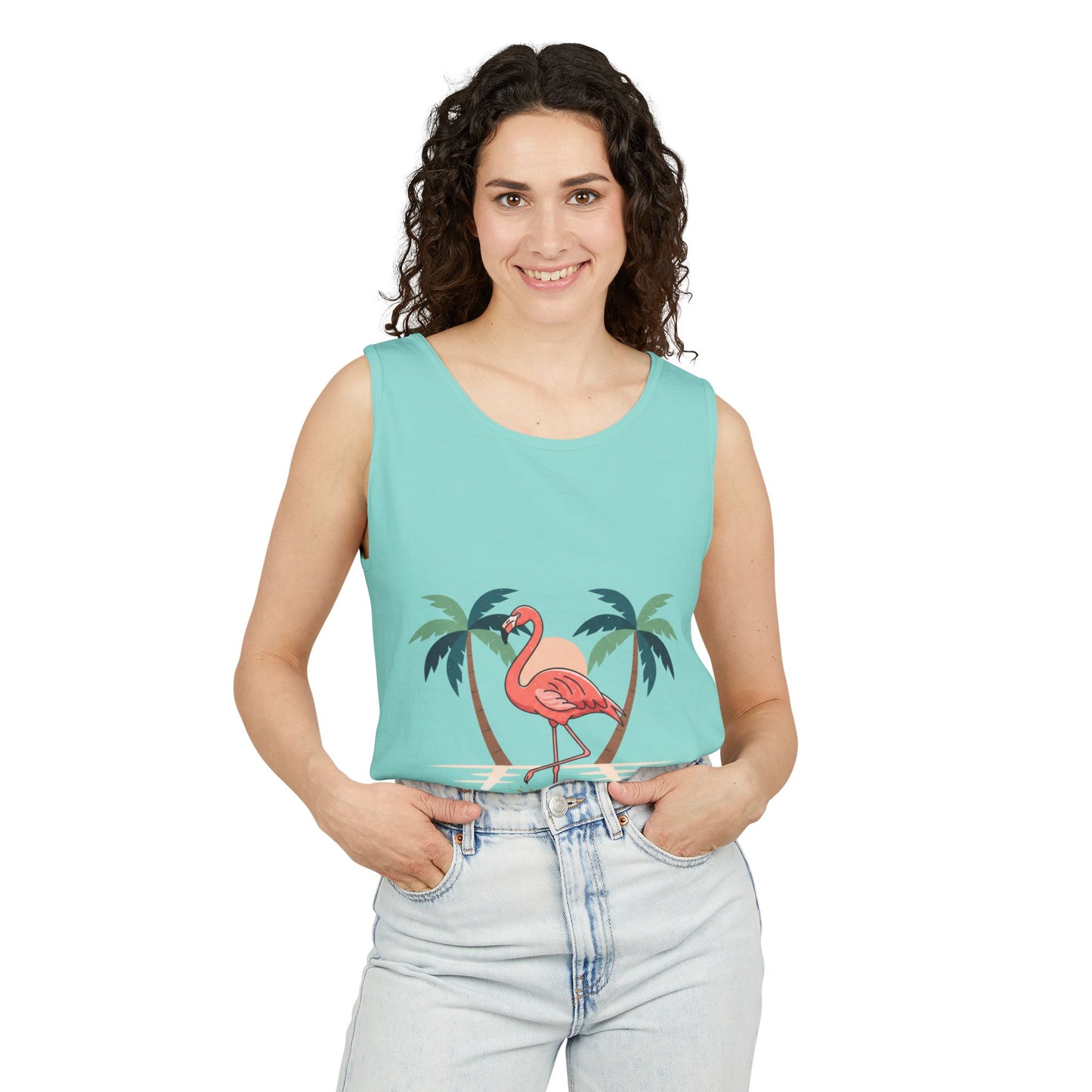 Flamingo Beach Tank Top — Tropical Palm Vacation Graphic Tank