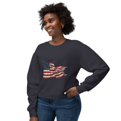 American Flag Crewneck Sweatshirt — Vintage Waving USA Graphic