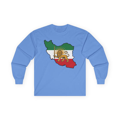 Iran Map Long Sleeve Tee with Lion & Sun Flag — Persian Heritage Shirt