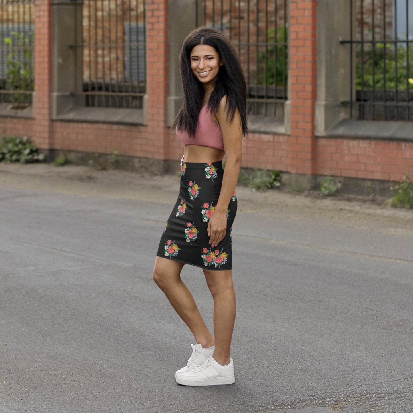 Floral Bouquet Pencil Skirt — Black Mid‑Waist Floral Print
