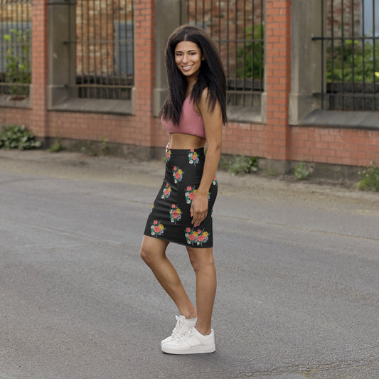 Floral Bouquet Pencil Skirt — Black Mid‑Waist Floral Print