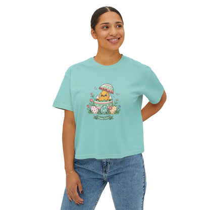 Easter Chick Boxy Tee — Cute Hatching Chick Graphic Women's Crop T-Shirt