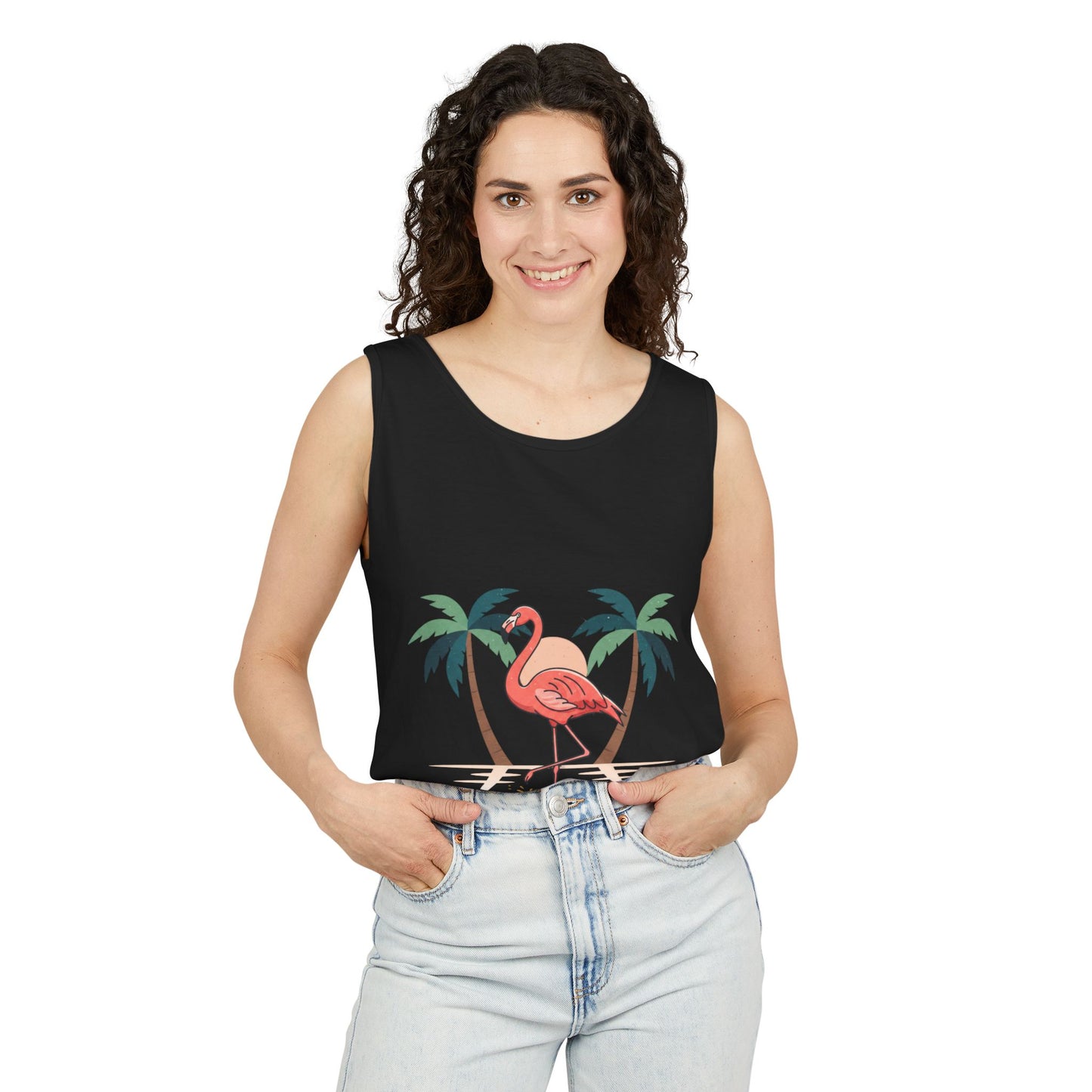 Flamingo Beach Tank Top — Tropical Palm Vacation Graphic Tank