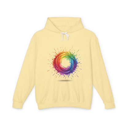 Rainbow Splash Circle Hoodie — Colorful Abstract Pride Pullover