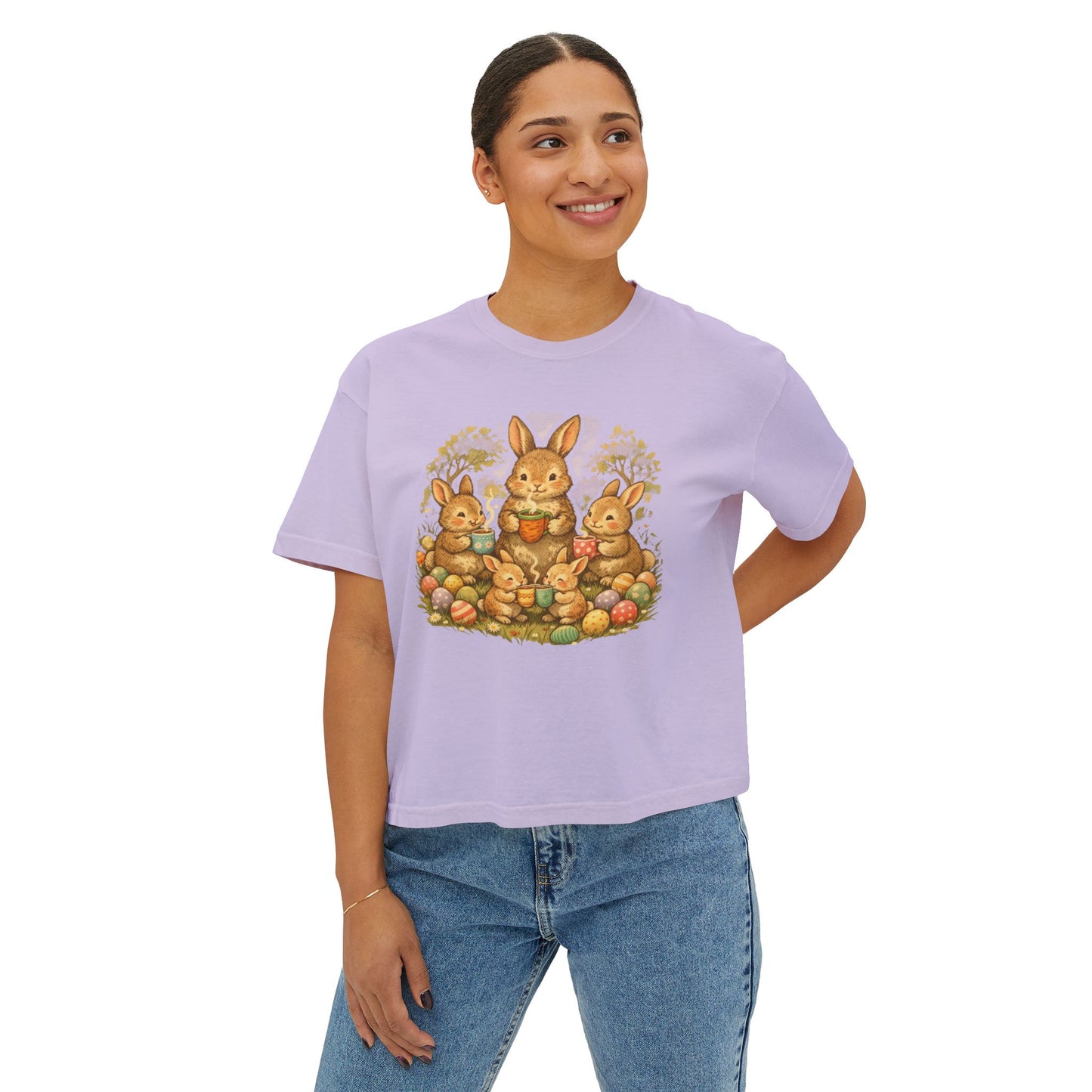 Easter Bunny Family Women's Boxy Tee — Cute Vintage Rabbits & Easter Eggs