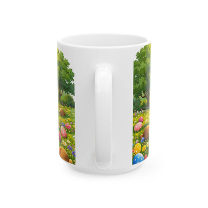 Easter Bunny Meadow Ceramic Mug — Spring Sunrise Rabbits & Colorful Eggs (11oz/15oz)