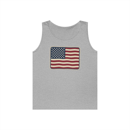 American Flag Tank Top — Vintage USA Patch "Made in USA" Sleeveless Tee