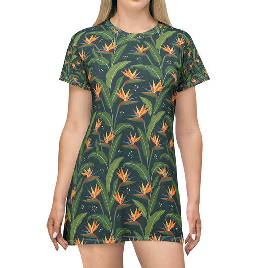 Bird of Paradise Floral T-Shirt Dress — Tropical All-Over Print