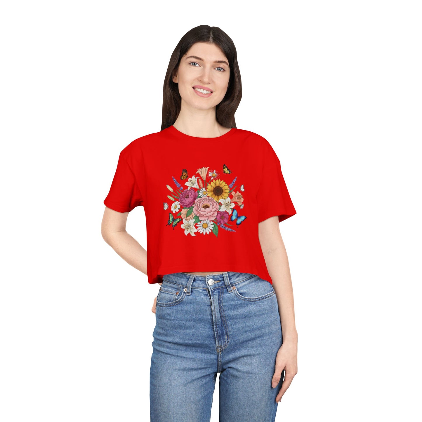 Floral Bouquet Crop Tee — Sunflower & Butterfly Garden Top