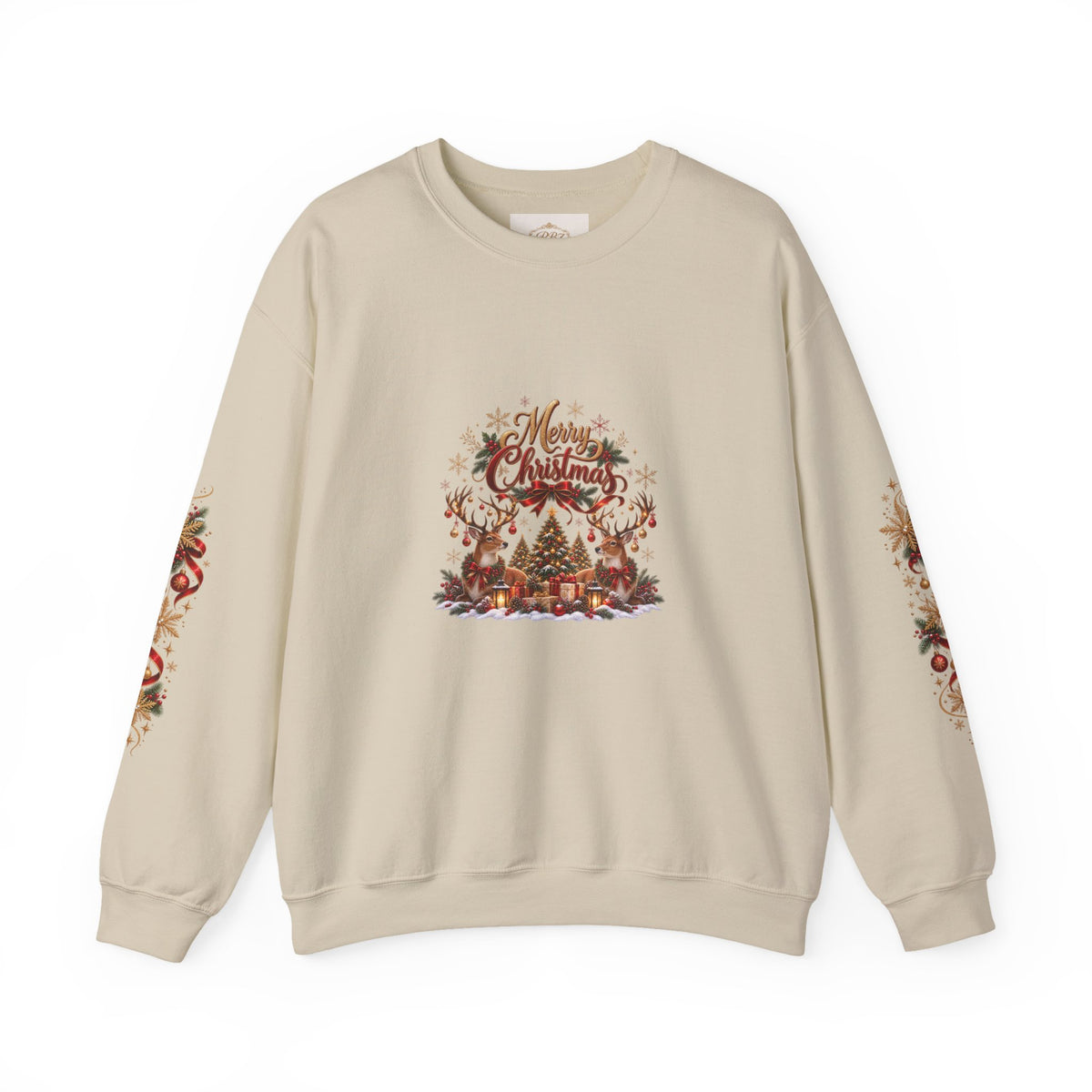 Merry Christmas Reindeer & Christmas Tree Sweatshirt – Festive Holiday Crewneck with Decorative Sleeves