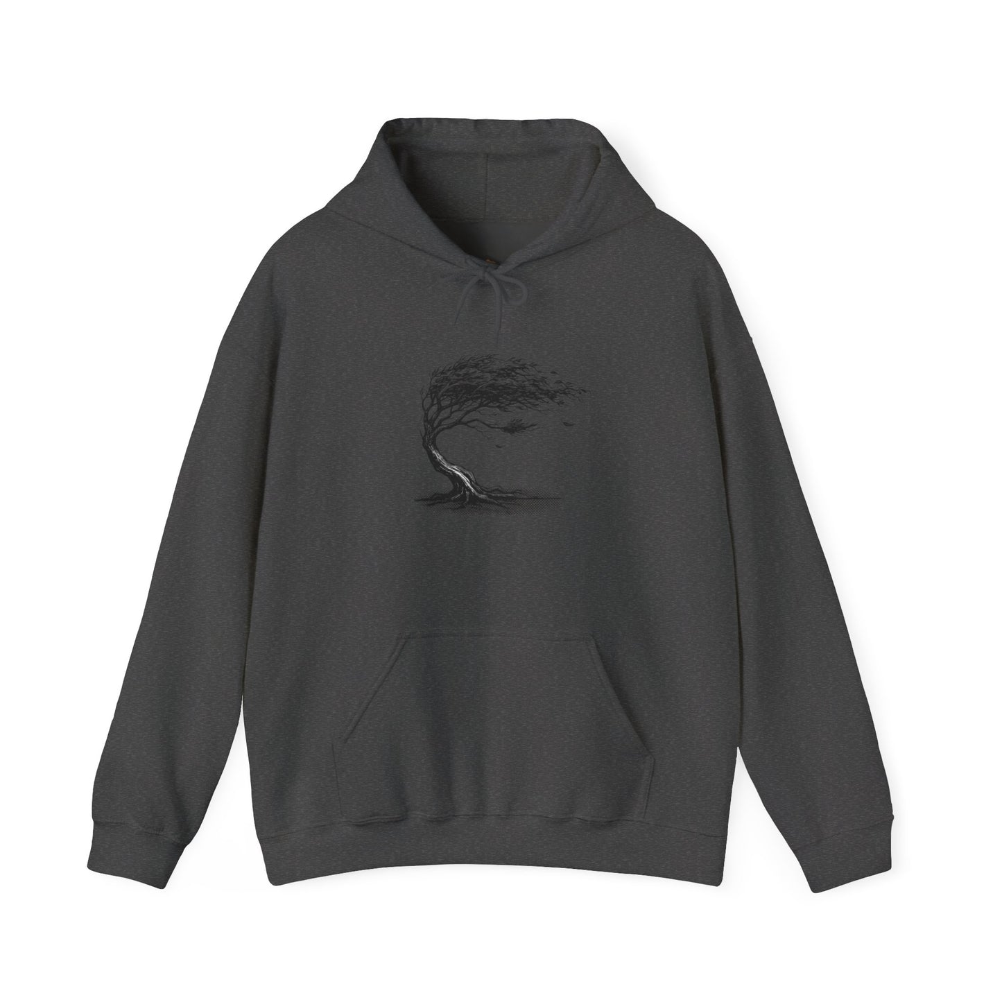 Windswept Tree Hoodie – Minimal Black Ink Nature Pullover