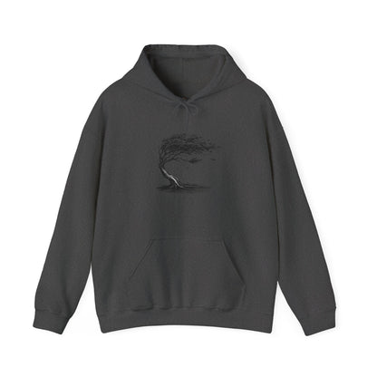 Windswept Tree Hoodie – Minimal Black Ink Nature Pullover