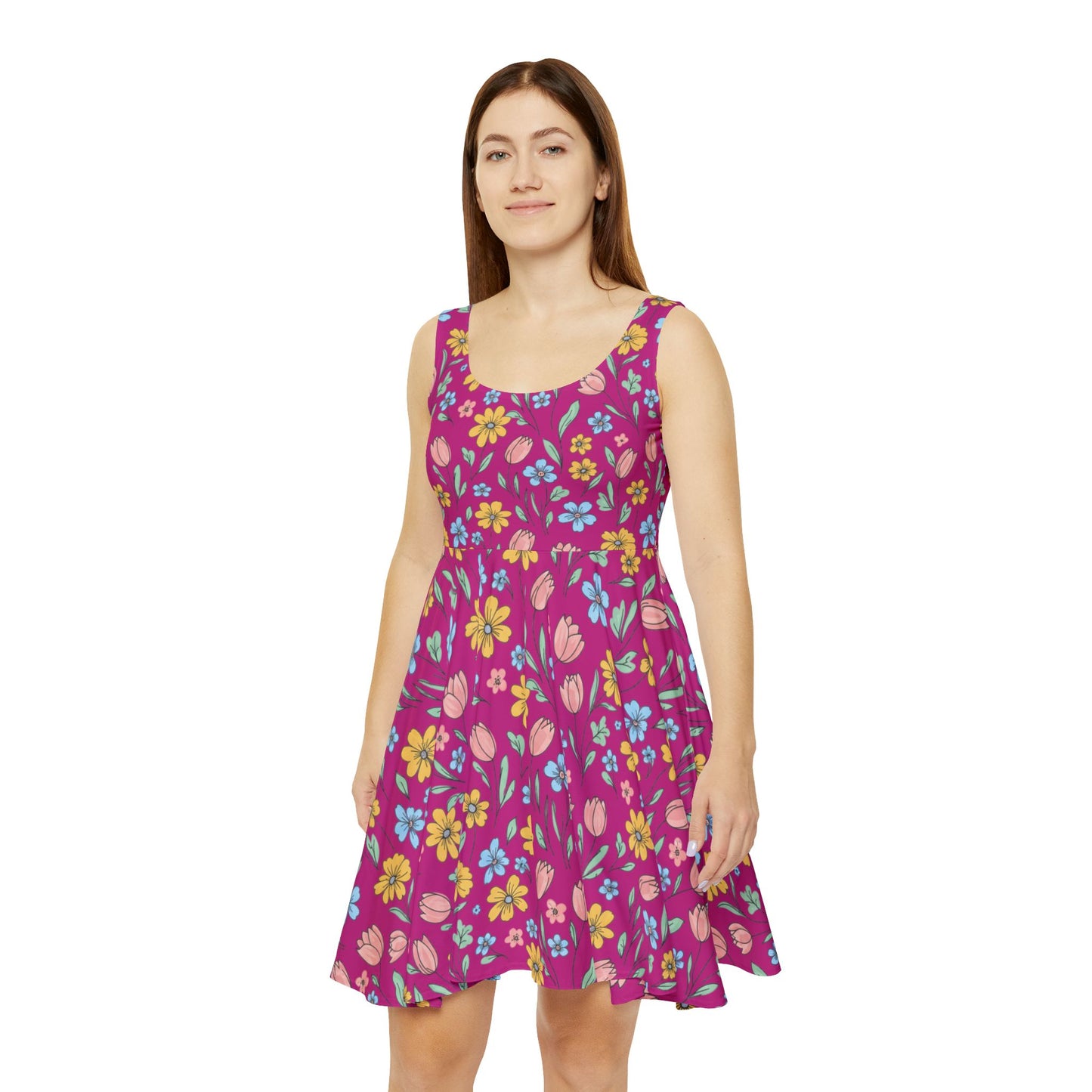 Floral Pink Skater Dress - Bright Spring Tulip & Ditsy Flower Print