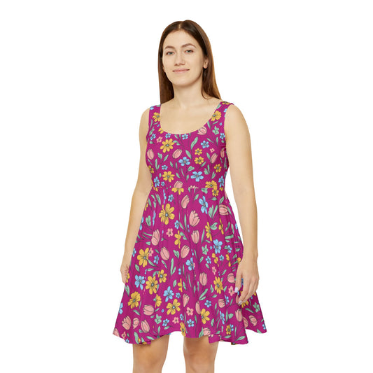 Floral Pink Skater Dress - Bright Spring Tulip & Ditsy Flower Print