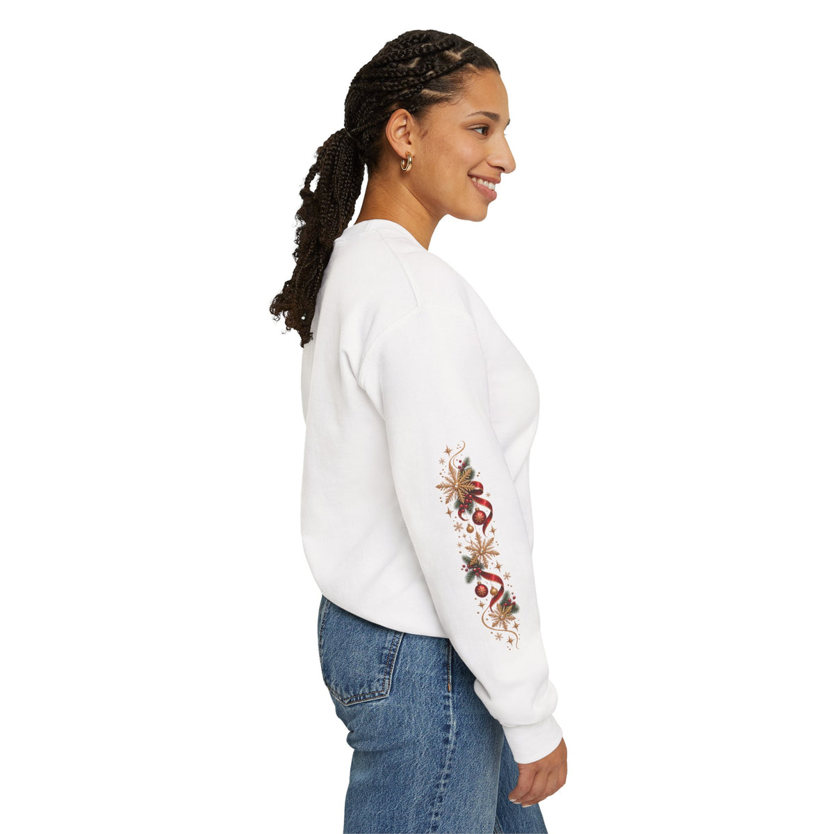 Merry Christmas Reindeer & Christmas Tree Sweatshirt – Festive Holiday Crewneck with Decorative Sleeves