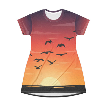 Sunset Seagulls T-Shirt Dress — Beachy AOP Sundress