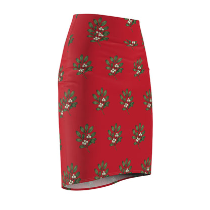 Holiday Mistletoe Pencil Skirt — Red Christmas Print Pencil Skirt