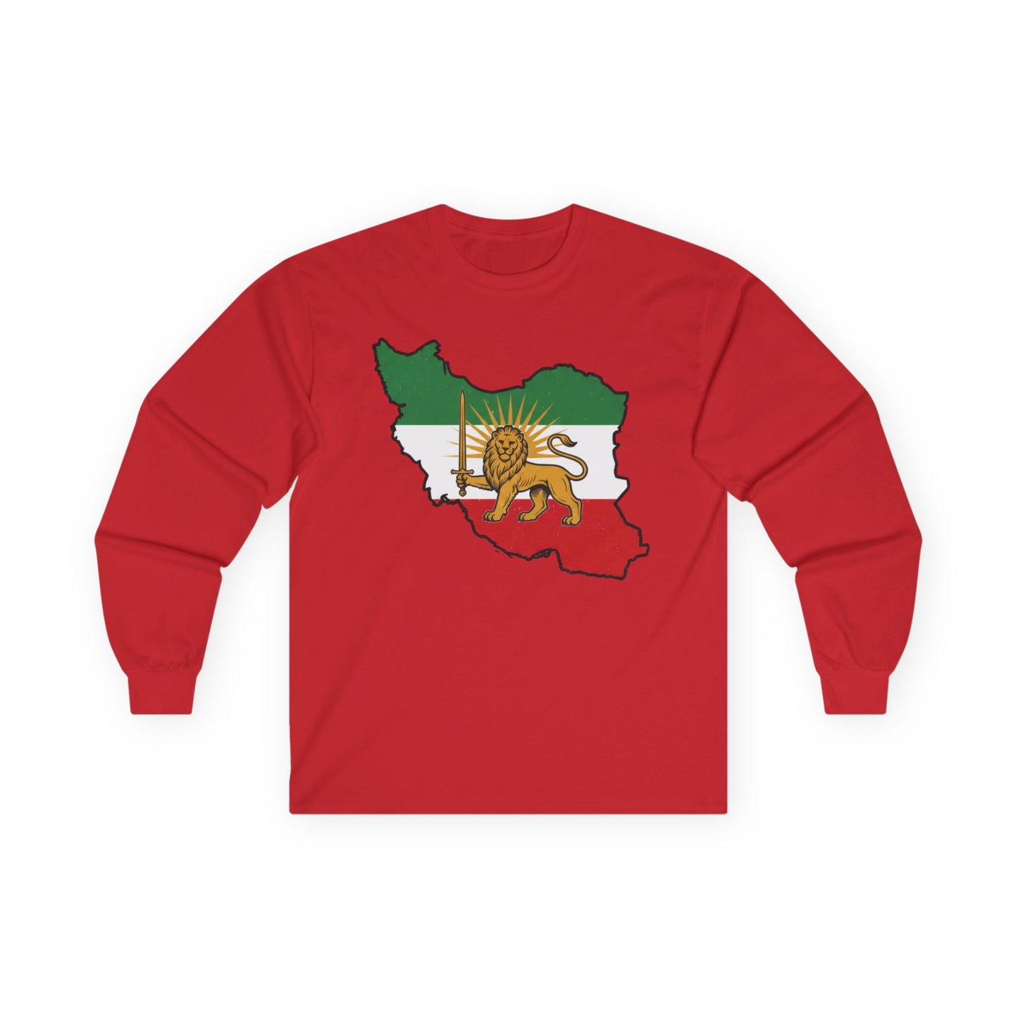 Iran Map Long Sleeve Tee with Lion & Sun Flag — Persian Heritage Shirt
