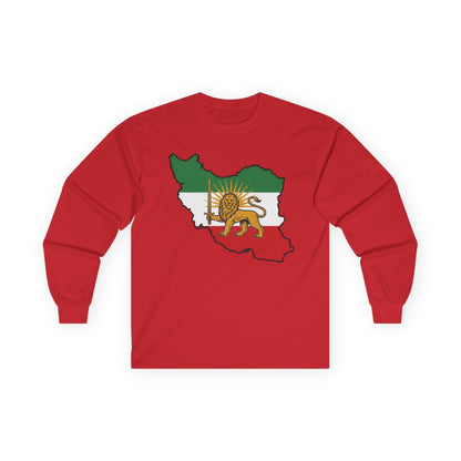 Iran Map Long Sleeve Tee with Lion & Sun Flag — Persian Heritage Shirt
