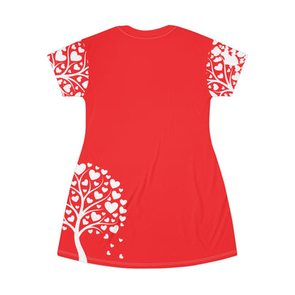 Heart Tree Dress - Red All-Over Print T-Shirt Dress for Valentine's & Casual Wear