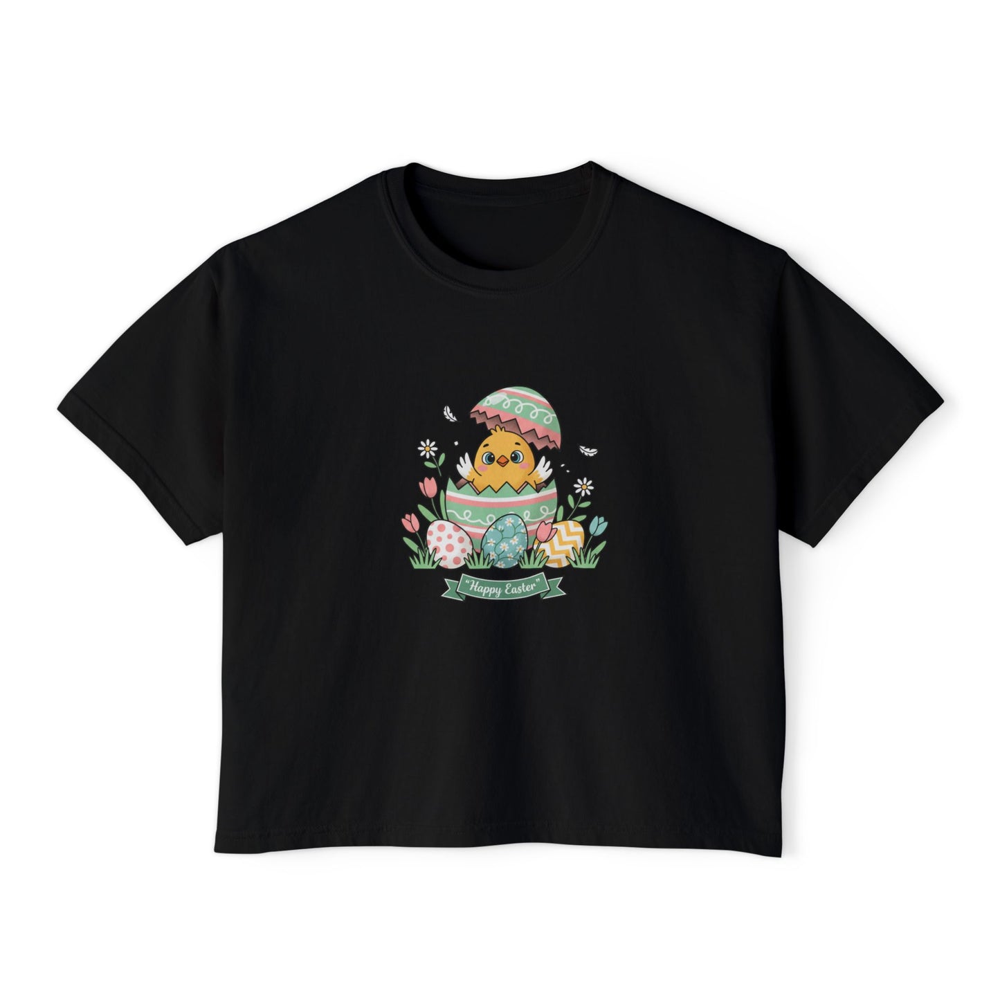 Easter Chick Boxy Tee — Cute Hatching Chick Graphic Women's Crop T-Shirt