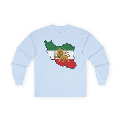 Iran Map Long Sleeve Tee with Lion & Sun Flag — Persian Heritage Shirt