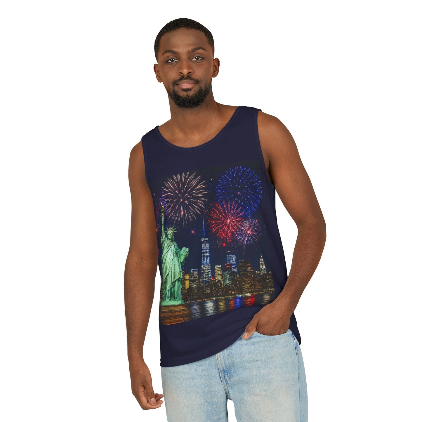 Liberty Fireworks Tank Top — Statue of Liberty & NYC Skyline 4th of July Shirt