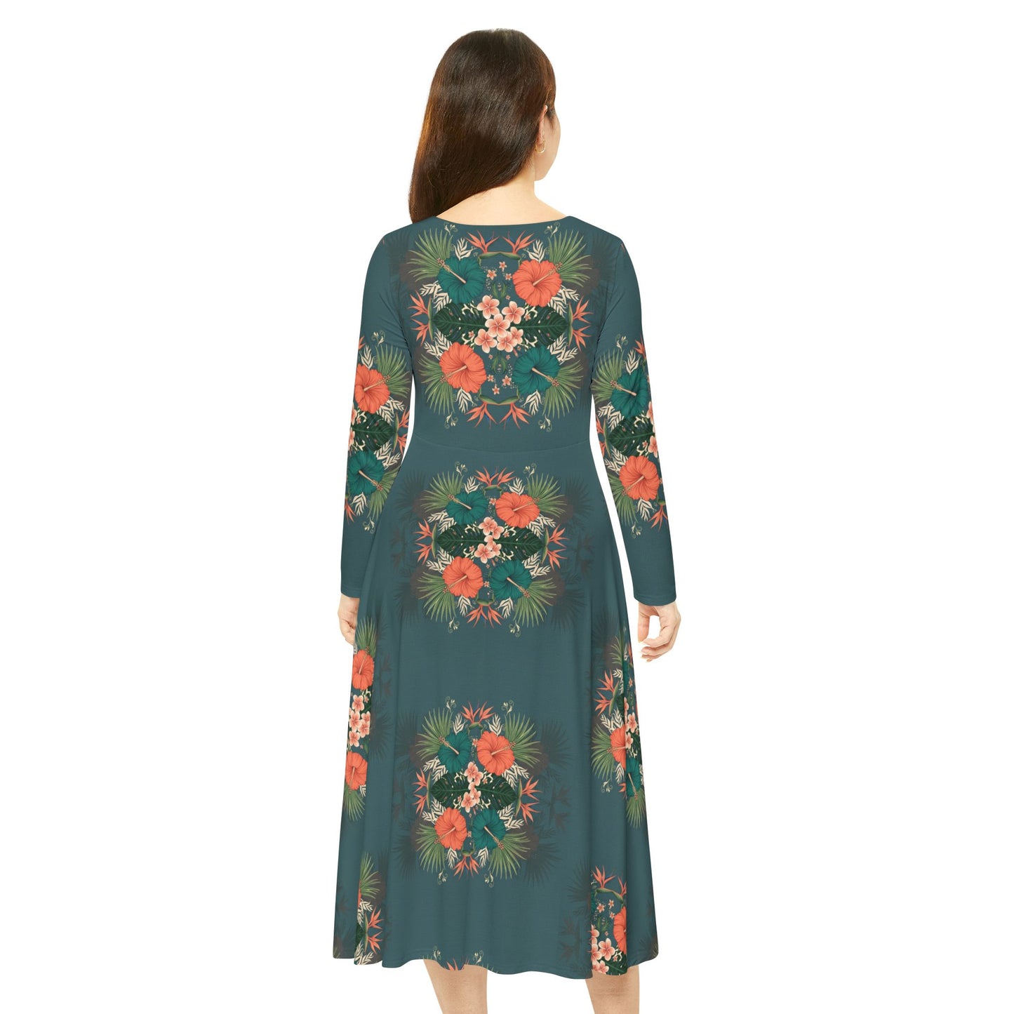 Floral Teal Long-Sleeve Dance Dress — Vintage Rose Print