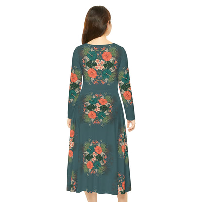 Floral Teal Long-Sleeve Dance Dress — Vintage Rose Print