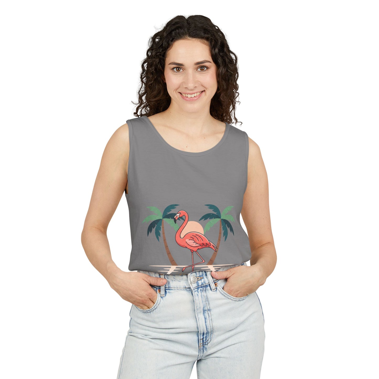 Flamingo Beach Tank Top — Tropical Palm Vacation Graphic Tank