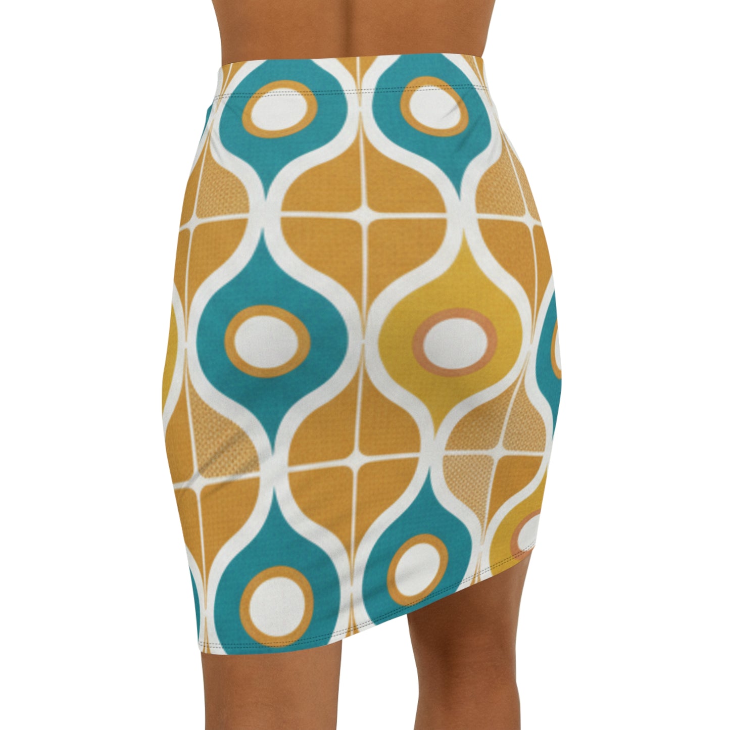 Retro Geometric Pencil Skirt — 60s Mod Teal & Mustard Print