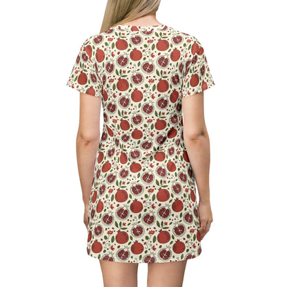 Pomegranate Pattern T‑Shirt Dress — All-Over Print Fruit Floral Summer Dress