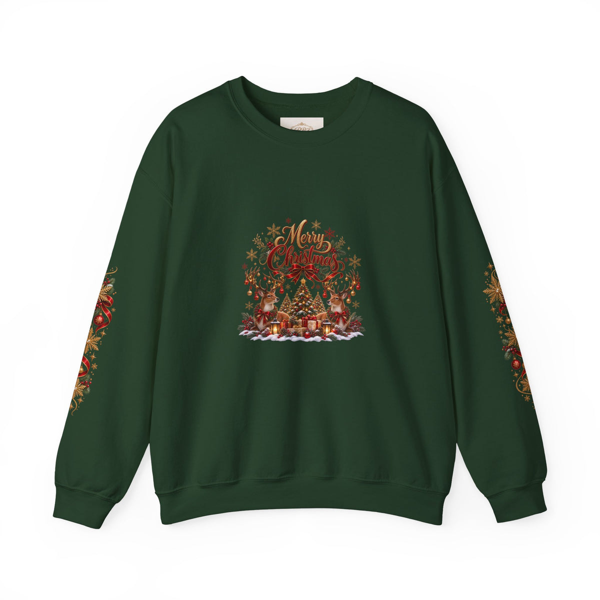 Merry Christmas Reindeer & Christmas Tree Sweatshirt – Festive Holiday Crewneck with Decorative Sleeves