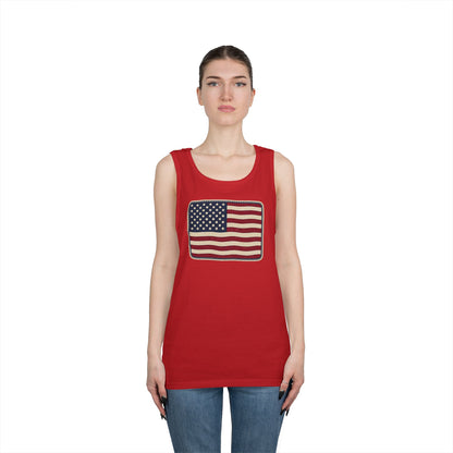 American Flag Tank Top — Vintage USA Patch "Made in USA" Sleeveless Tee