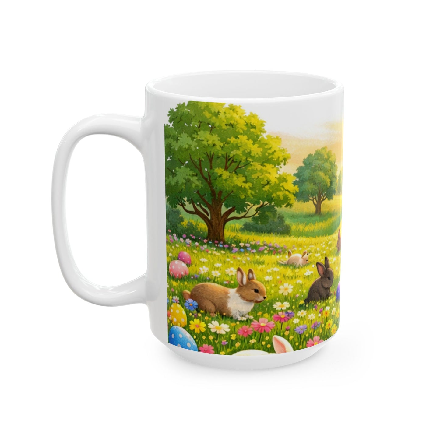 Easter Bunny Meadow Ceramic Mug — Spring Sunrise Rabbits & Colorful Eggs (11oz/15oz)
